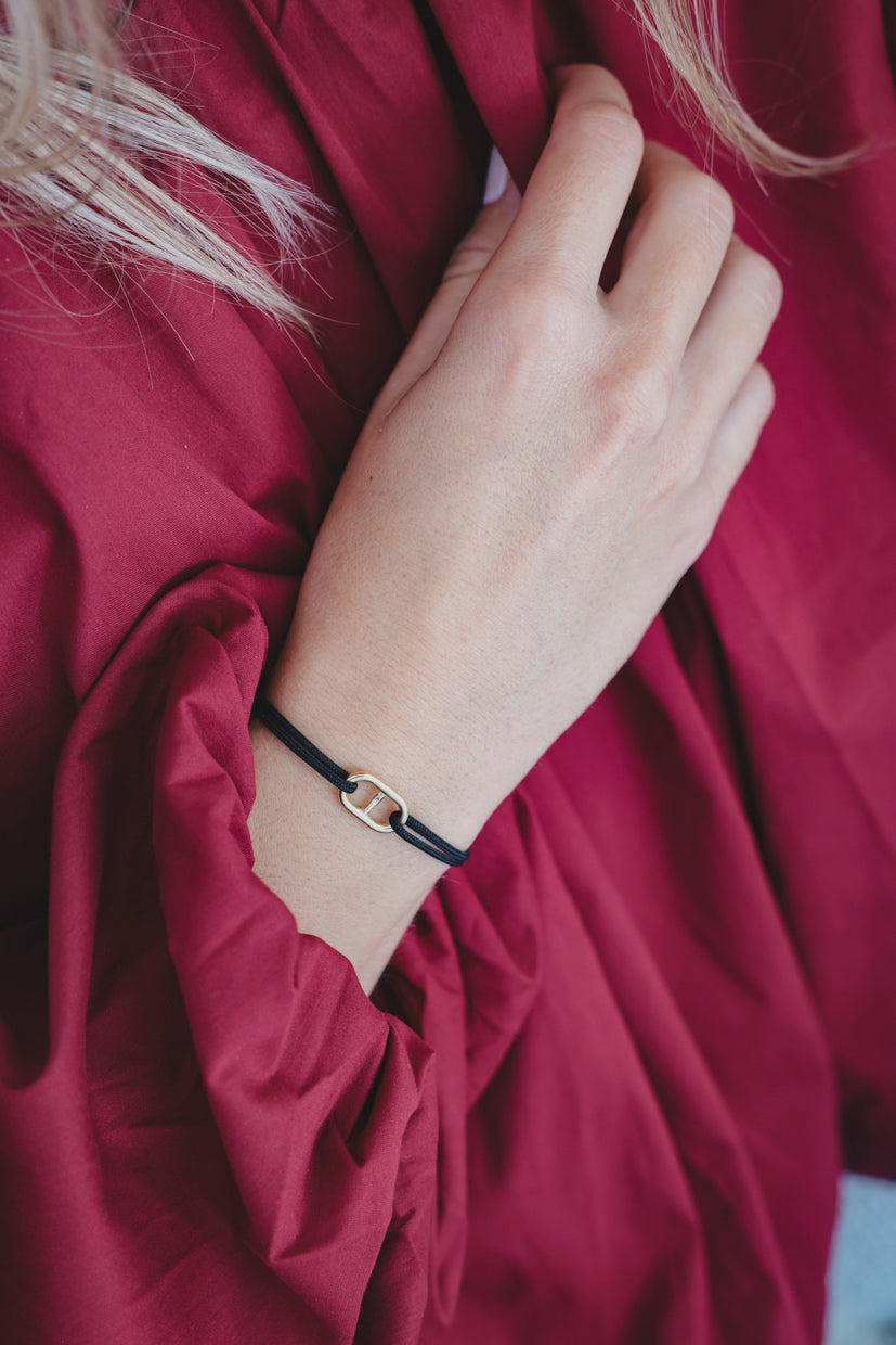 Bracelet ancre argent 925 plaqué or, cordon noir et pendentif ancre dorée