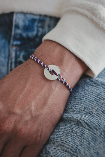 Bracelet La Cible en cordon tressé multicolore et médaillon rond argent 925
