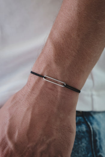 Bracelet en argent 925 avec lien noir et maillon rectangulaire coulissant